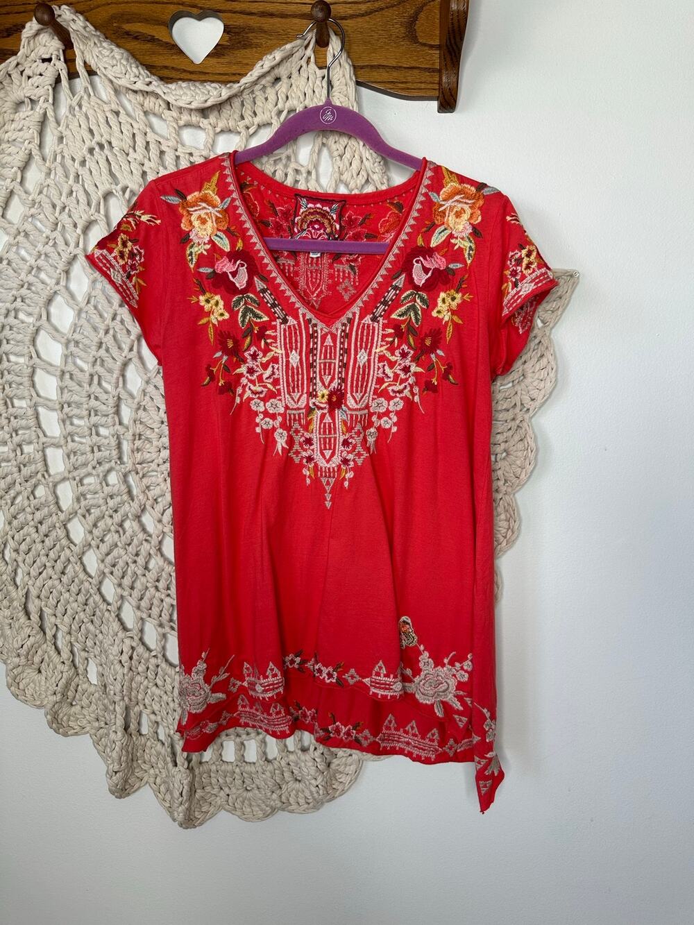 Johnny Was Embroidered Floral Butterfly Peasant Swing T Shirt XS